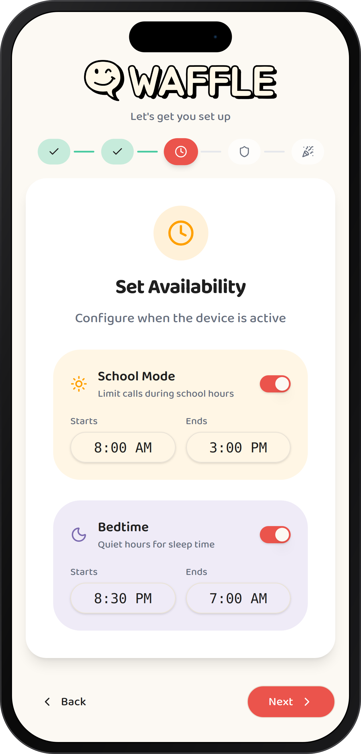 Setting quiet hours and school mode on the Waffle kids phone