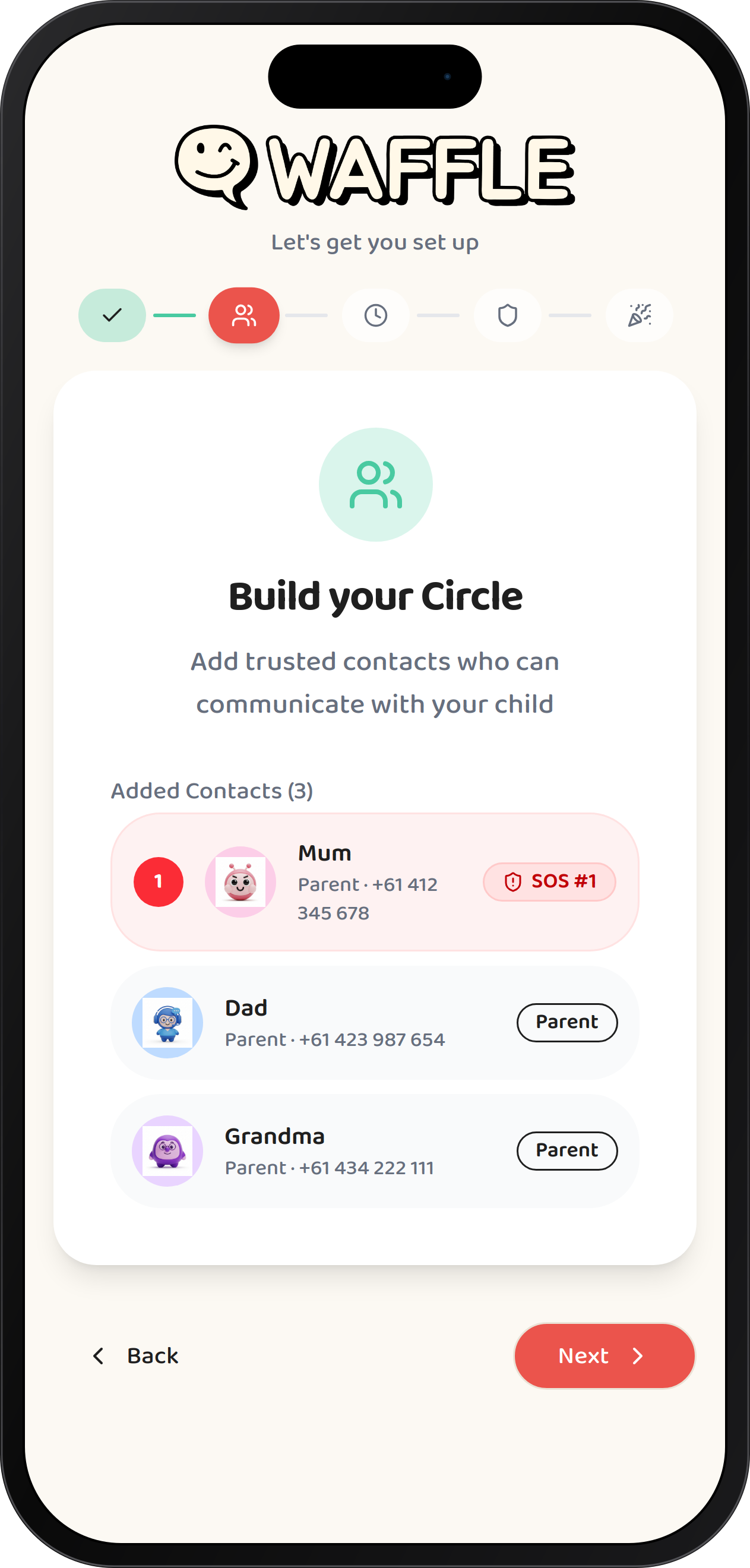 Adding approved contacts to the Waffle parental control phone app